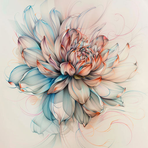 Romantic tattoo sketch of an aster flower with soft pastel colors and flowing curves