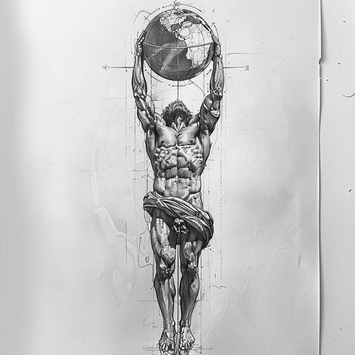 Black and grey tattoo sketch featuring Hercules holding up the world, flat design with bold lines
