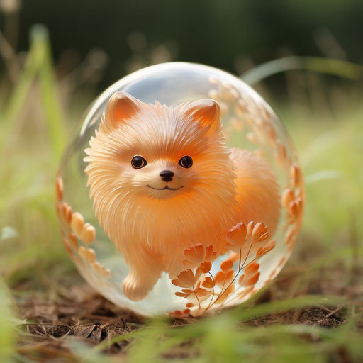 Small pomeranian in grass, light orange and maroon style