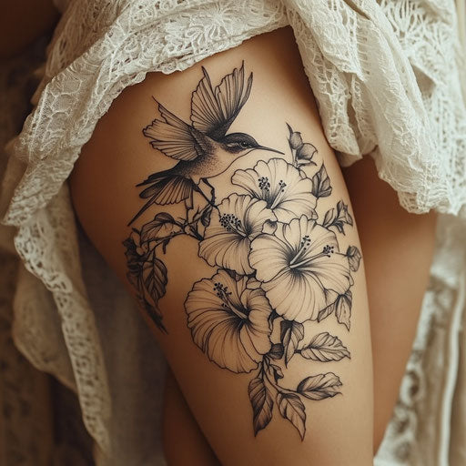 Flower tattoos for women with a hummingbird and hibiscus
