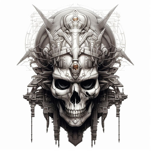 Skull with pharaoh's mask tattoo on white background, modernist distortion