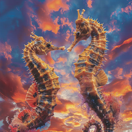 Seahorses in front of a colorful sky, dynamic and vibrant, in the style of Tim Flach