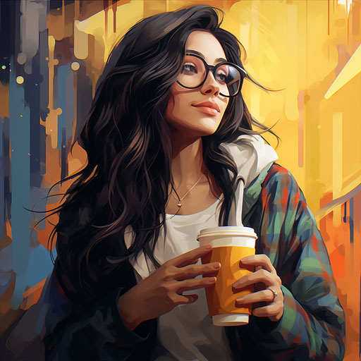 Girl in glasses drinking from a cup, realistic style, magewave