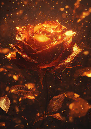Golden rose with red petals on gold dust background