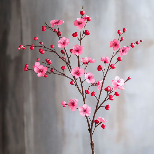 35 pink Valentine's Day flowers with red berries on long brown stems for wedding table decoration
