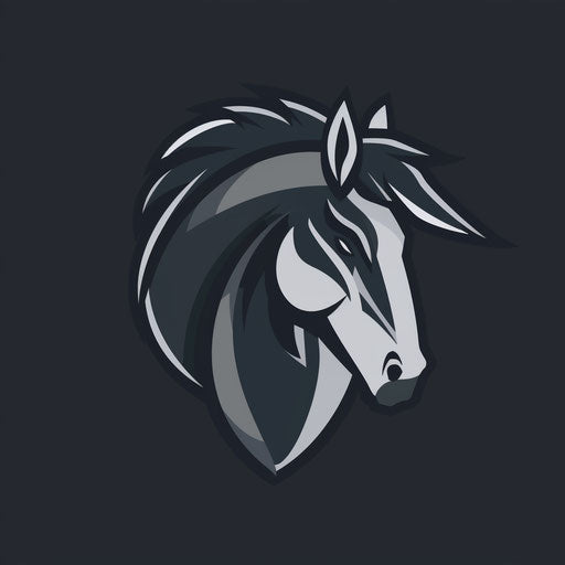 Stylish horse logo with bold, angular fonts and dark grey background