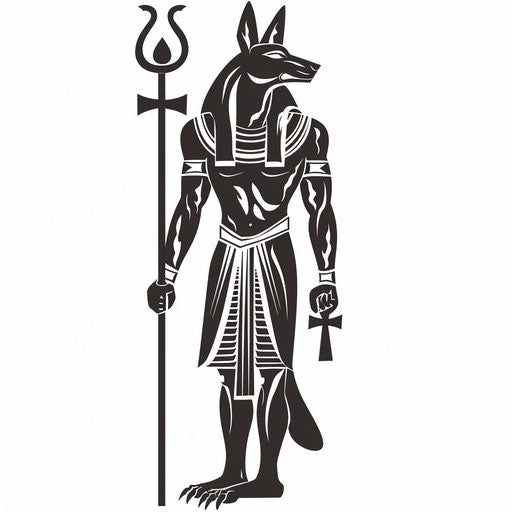 Anubis as protector, simple stencil design with bold lines on white background