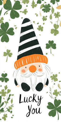 Adorable gnome with orange and black striped hat among clovers