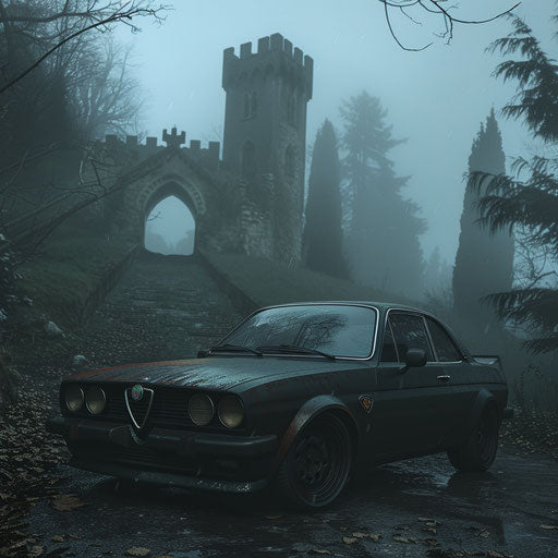 Gothic Alfa Romeo Alfasud with matte black paint and dark red accents, emerging from the fog on a haunted castle road.