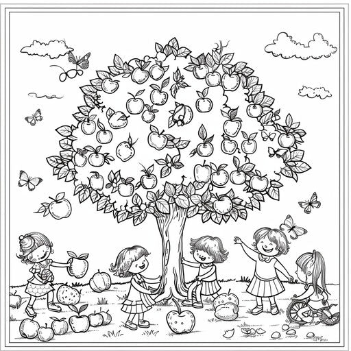 Apple tree with kids playing around, in the style of Andy Marlette, Coloring book page