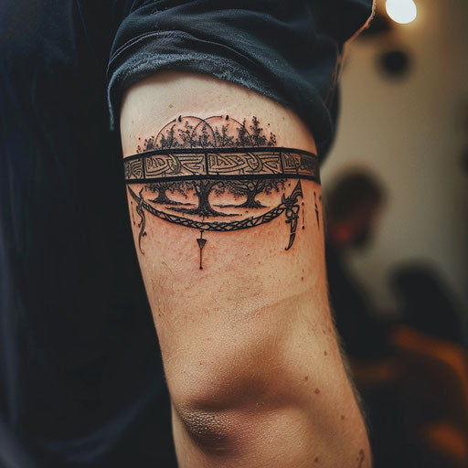 Armband tattoo of Elvish runes and symbols, in the style of Peter Jackson, on the upper arm