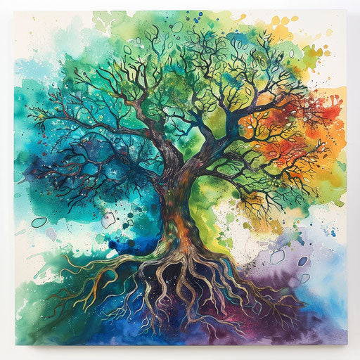 Vibrant watercolor tree of life with vivid greens and blues