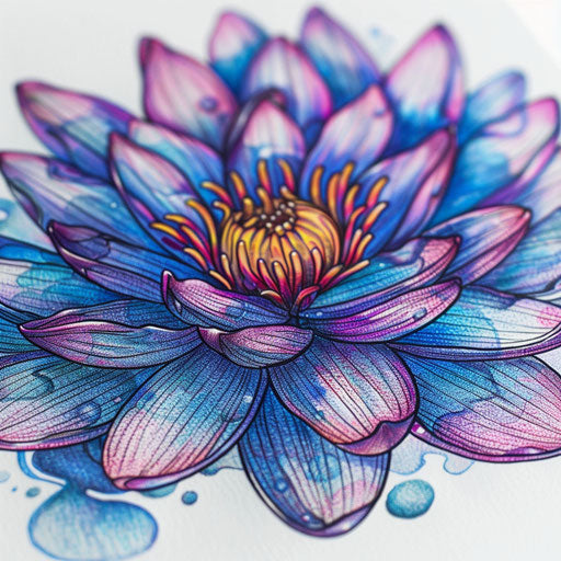 Intricately detailed water lily tattoo design in vibrant colors