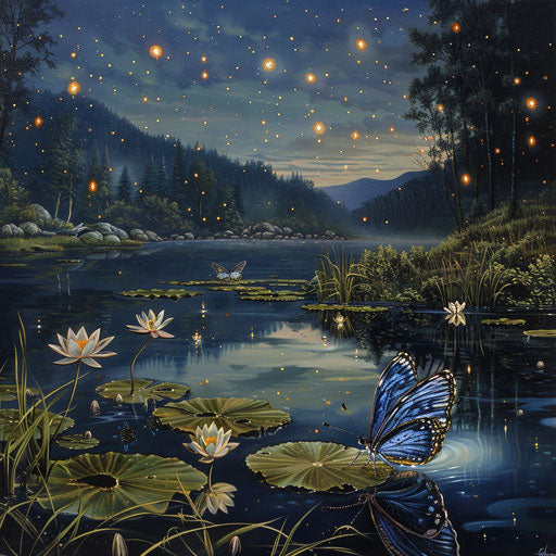 Twilight at a secluded pond, fireflies starting to light up, blue butterfly on a lily pad