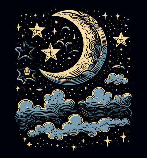 Moon and stars with clouds silhouettes colorized