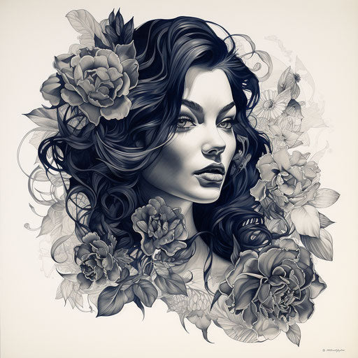Woman with flower tattoos in pencil sketch style, golden age glamour