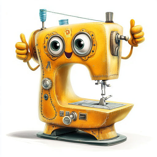 Humorous caricature of sewing machine with exaggerated eyes