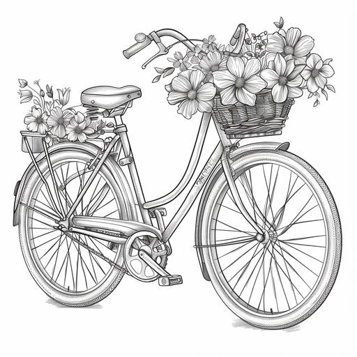 Vintage bicycle with flower basket. Coloring book page