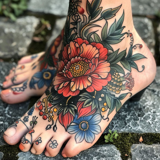 Foot tattoos in the style of Maria Sibylla Merian with floral designs