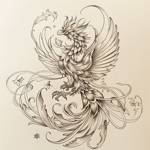 Contemporary tattoo sketch of an oriental phoenix with a minimalist aesthetic