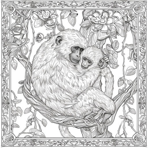 Detailed illustration of a monkey and its baby clinging to a vine. Coloring book page