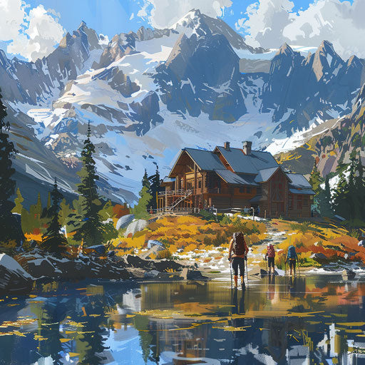 Hikers approaching a lodge by a mountain lake with panoramic views