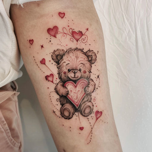 Teddy bear tattoo with heart and love motifs in pink and red