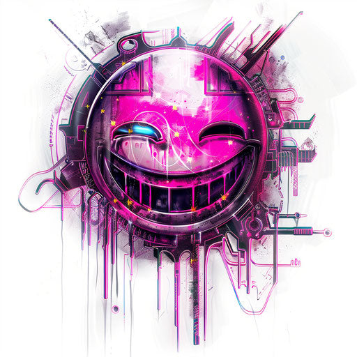 Cyberpunk smiley face tattoo design, neon and cybernetic elements, on white.