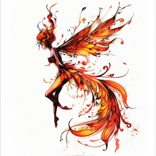 Fiery fairy tattoo design on white background