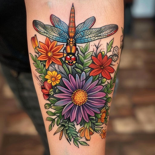 Wildflower tattoo with dragonfly, vibrant colors, detailed wings, nature theme