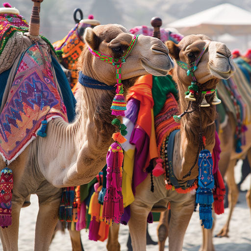 Festive scene of camels decorated with bright fabrics and bells for a desert celebration