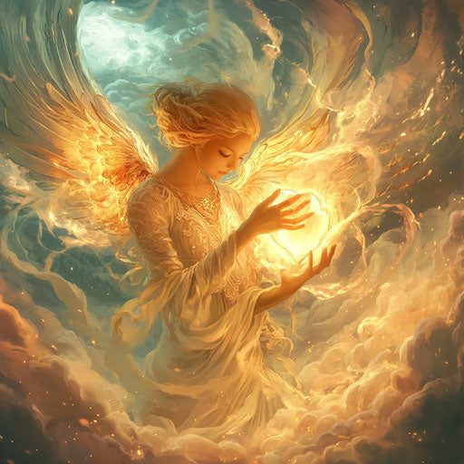 Guardian angel holding a glowing heart, surrounded by swirling clouds