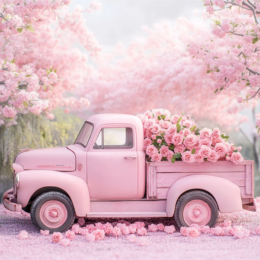 Pink vintage truck with pink roses in the trunk, digital backdrop for photography, springtime, cherry blossoms, soft pastel colors, photorealistic, high resolution, hyperrealistic