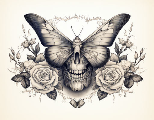 Moth and roses tattoo with skull, engraved line-work style