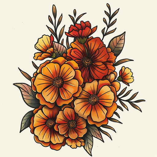 Stylized flat tattoo sketch of marigolds with exaggerated curves
