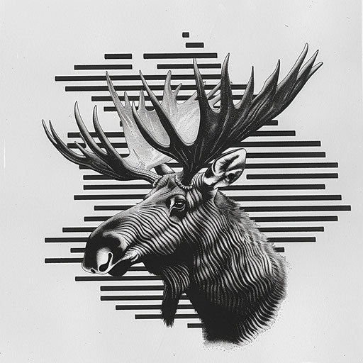 Contemporary flat tattoo sketch of a moose with minimalist black and white stripes