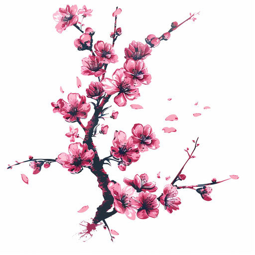 Illustration of a Japanese sakura branch tattoo with pink blossoms, on white background