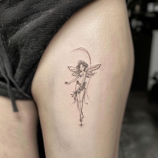 Small tattoos for women in the style of David Palumbo with a fantasy fairy