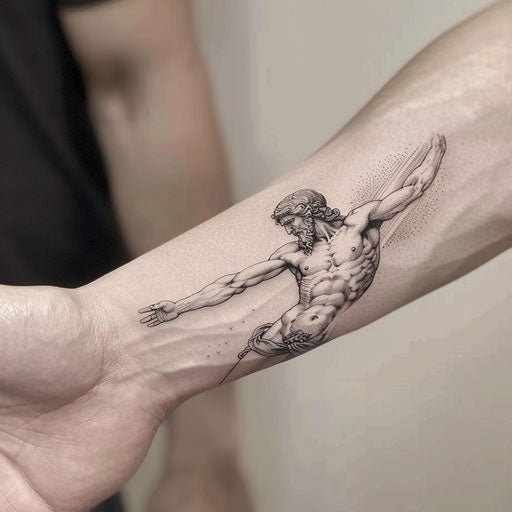 Subtle flat tattoo sketch of the creation of Adam