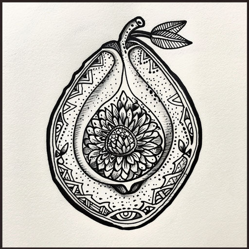 Exotic flat tattoo sketch of a jagua fruit with traditional Polynesian tattoo patterns