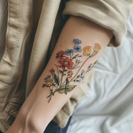 Vintage wildflower tattoos in muted colors