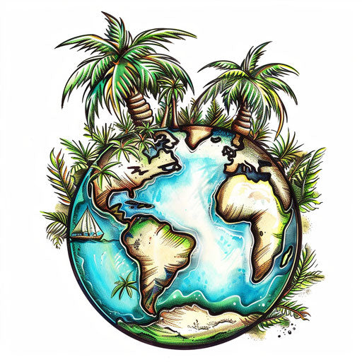 Exotic flat tattoo sketch of a globe showing exotic islands and palm trees, vibrant greens and browns