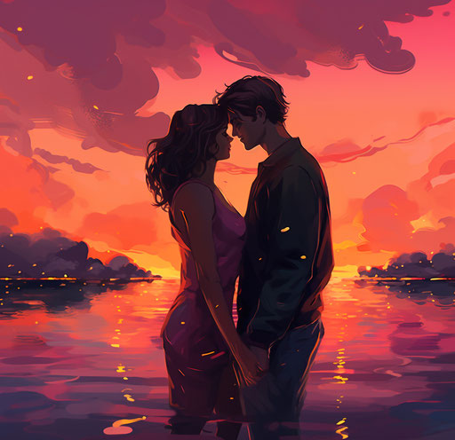 Couple kissing with sunset in the background