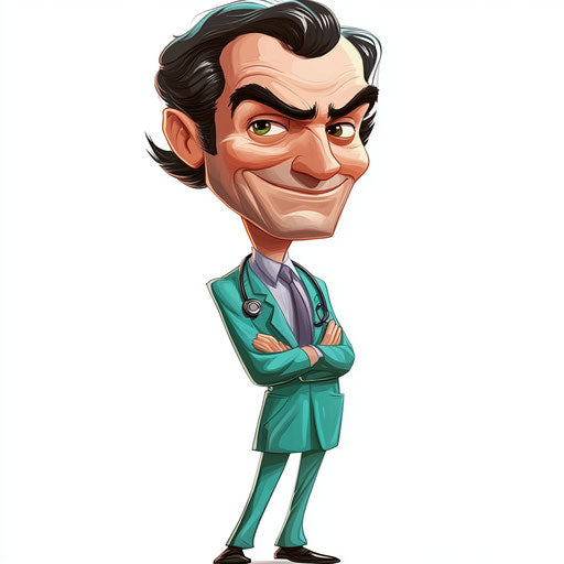 Humorous caricature of a doctor with human characteristics, exaggerated arched eyebrows, long legs, floating in the air, vibrant colors, cartoon style, frowning, high resolution, no background, isolated