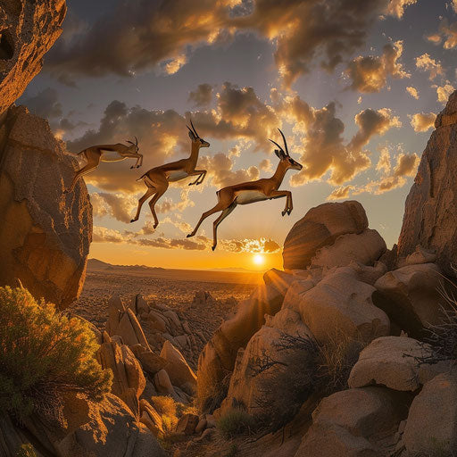 Gazelles leaping gracefully over rock formations at sunset