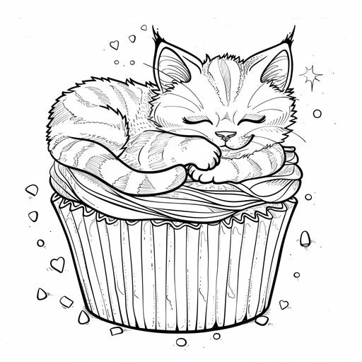 A cupcake with a cute cat sleeping on top. Coloring book page
