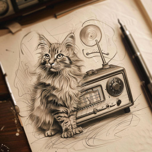 Nostalgic sketch of a cat next to a vintage radio
