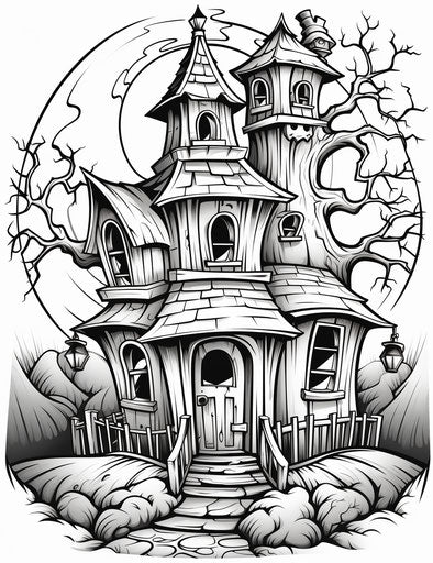 Haunted house coloring sheet for Halloween, accurate and detailed 24:31