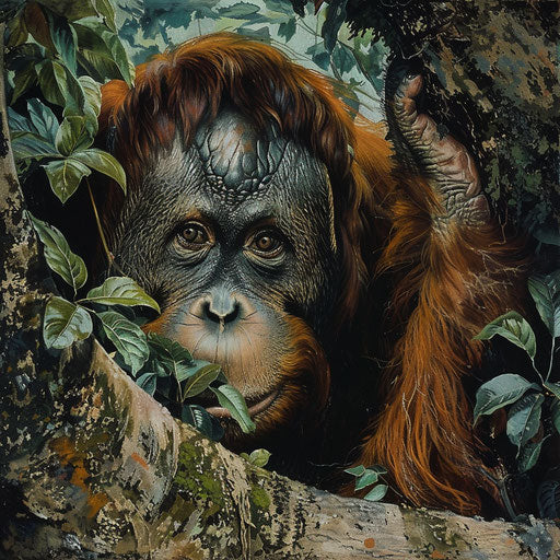 Tapanuli orangutan peeking out from behind a tree