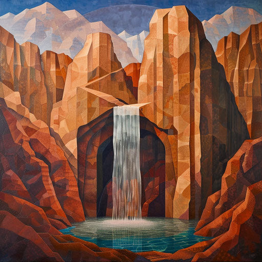 Waterfall with geometric rock formations in a desert setting
